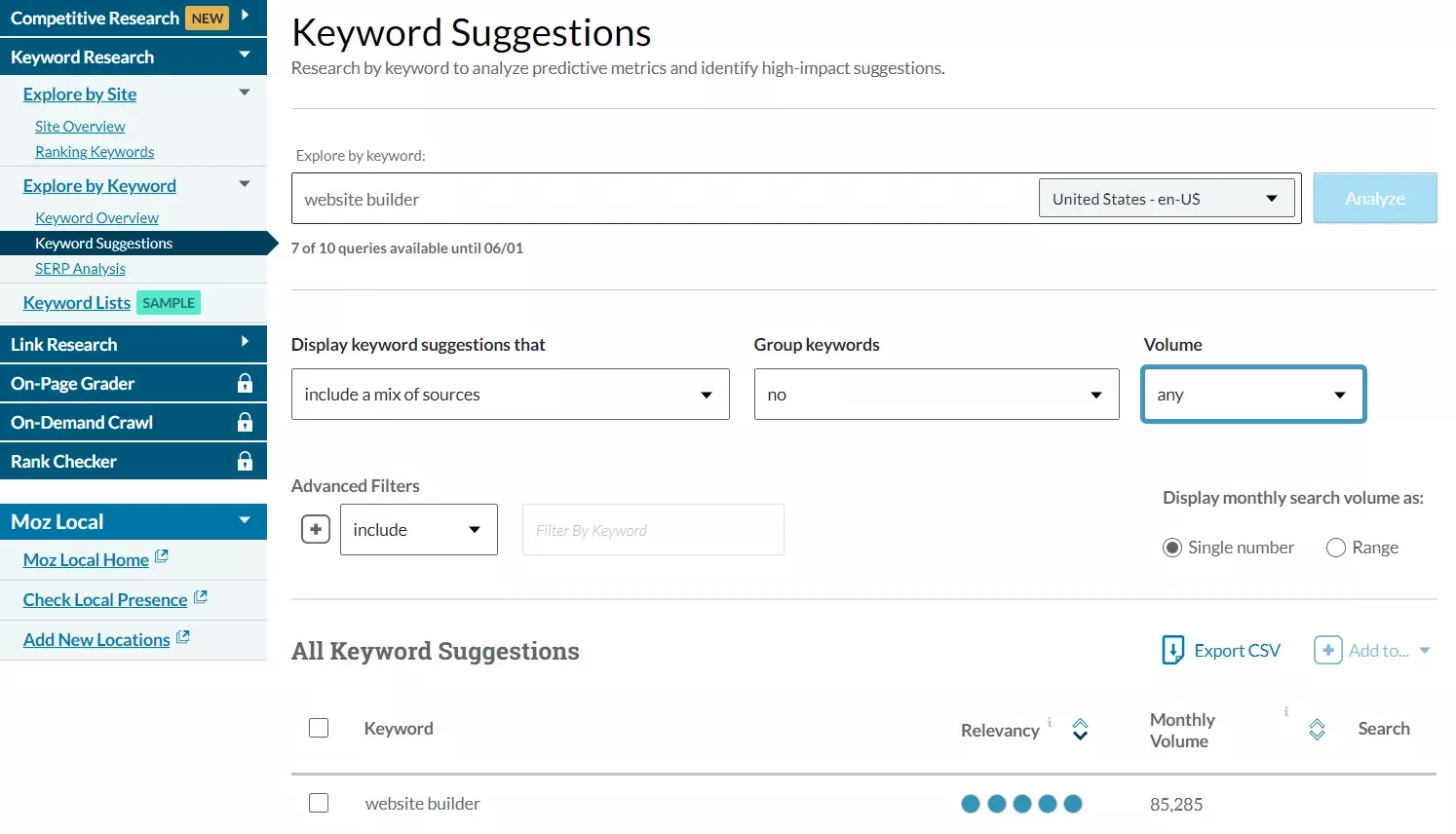Keyword Suggestions at Moz